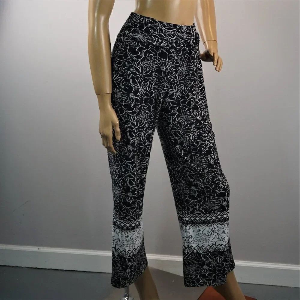 Robert Louis Wide Leg Pants Black White Floral Womens Sz S Faux Belt